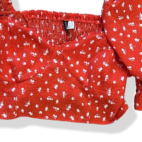 H&M Junior Puff Sleeve Crop Top Red Floral Shirt  Boho Top Summer Resort wear - Picture 8 of 9